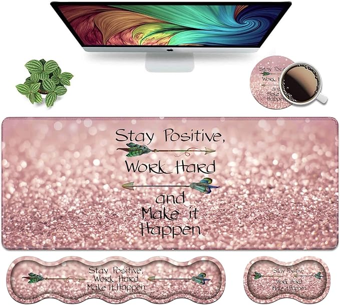 Ergonomic Keyboard Wrist Rest & Mouse Pad Wrist Rest Set, Inspirational Quote Stay Positive Work Hard and Make It Happen Pattern Large XXL Gaming Desk Mat, Memory Foam, Easy Typing Pain Relief