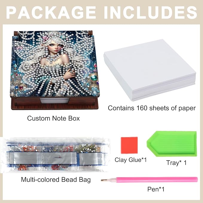 Wooden DIY Fairy Beauty Diamond Art Notecard Box – DIY Gem Art Sticky Note Holder for Adults 160 Sheets Memo Pad Storage