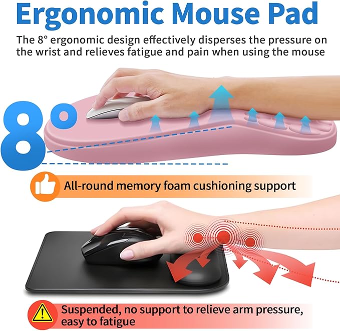 YIWEI Ergonomic Mouse Pad with Wrist Rest - Comfortable Office Mousepad with Memory Foam Wrist Support for Carpal Tunnel Relief, Mouse Pads with Non-Slip Base for Gaming and Home (Pink)