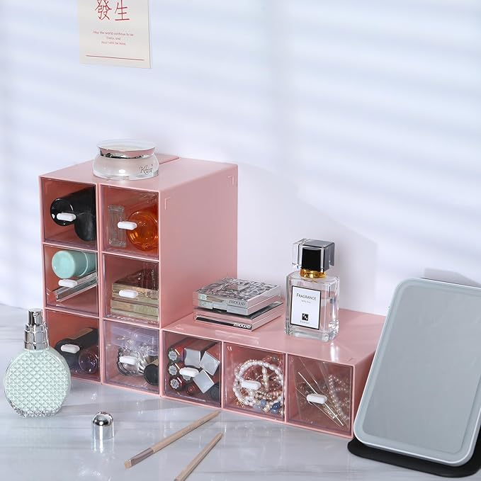 Desktop Drawers, Desk Organizer with 9 Drawers, Stackable Plastic Storage Box for Home Collection, Cosmetics, Office Supplies (3 Tall Layers, Pink)