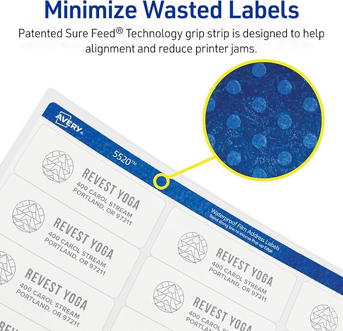 Avery Waterproof Sticker Labels for Printer - 1" x 2-5/8" Mailing Labels, Ultrahold Permanent Adhesive, Laser Printers, 1,500 Printable Avery Address Label Sheets (5520)