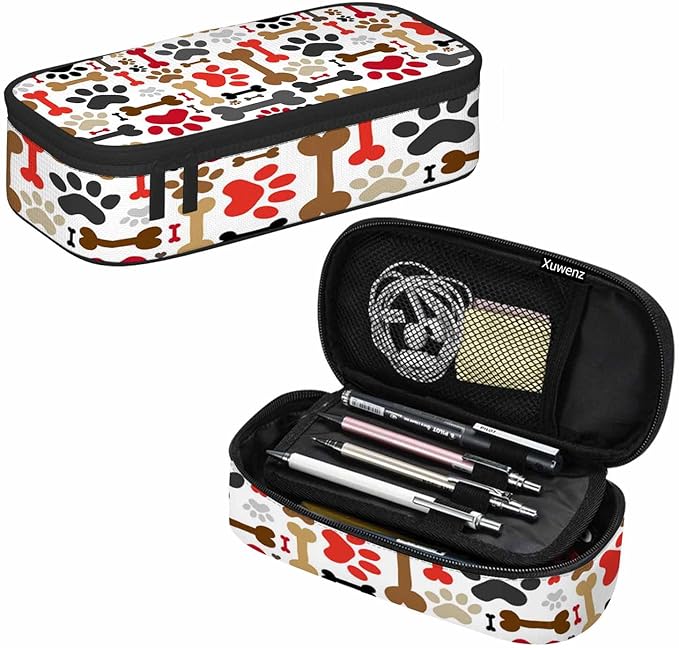 Dog Paws Pencil Case Brown Red Bones Animal Funny Pet Pencil Bag Pouch Box Organizer for College School Students Boy Girl