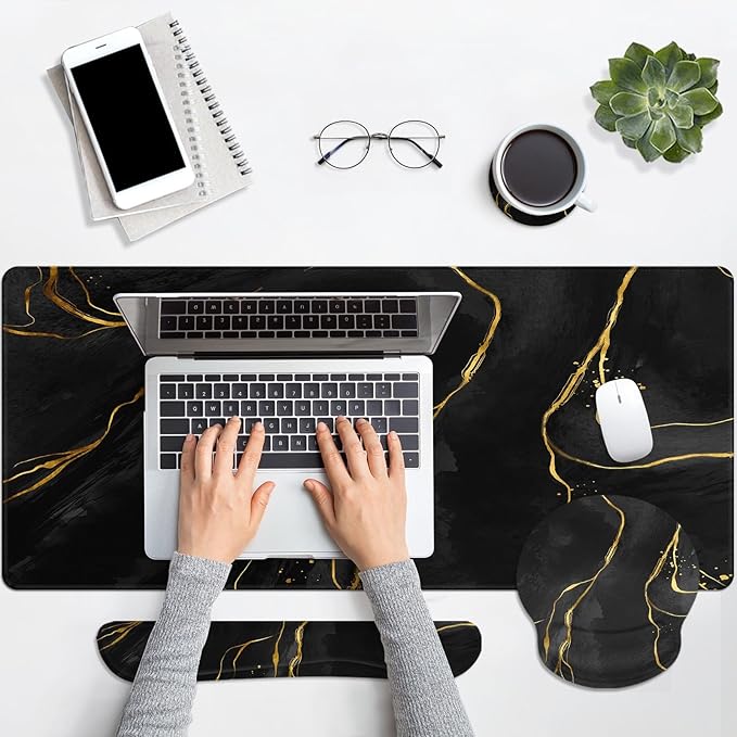 Britimes Black Gold Marble Keyboard Mouse Pad Set 4in1 Large Mousepad+Keyboard Wrist Rest+Mouse Wrist Rest+Coaster Ergonomic Design for Home Office Computer 35.4x15.7 inches