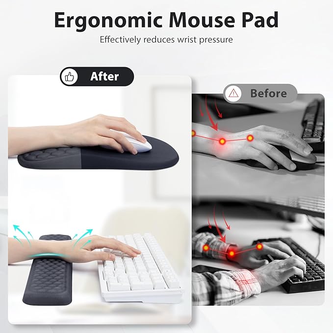 EYROZILL 3 in 1 Ergonomic Mousepad with Wrist Rest, Gaming Keyboard Mouse Pad with Wrist Support Non-Slip Base Massage Design, Pain Relief (Black/Grey)
