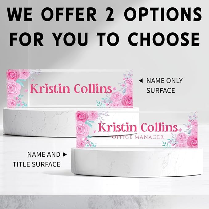 Custom Name Plate for Desk, Personalized Desk Name Plate on Clear Acrylic Glass, Appreciation Gifts for Teacher Employee Boss Coworkers Nurse, Office Desk Accessories for Women Men (Rose)