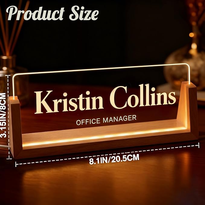 Personalized LED Name Plate for Desk, Light Up Acrylic Office Decor Desk Name Plate with Wooden Base, Custom Name Logo Quote, Appreciation Gifts for Boss Coworkers Employee Women Men (Signature)