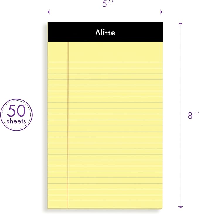 Alitte 5x8 Small Notebooks – 12 Pack Narrow Ruled, Yellow Perforated Note Pads with 50 Sheets Per Notepad, (No Ink Bleeding) Ideal Legal Pads for Writing, Note Taking, Home, Office, School