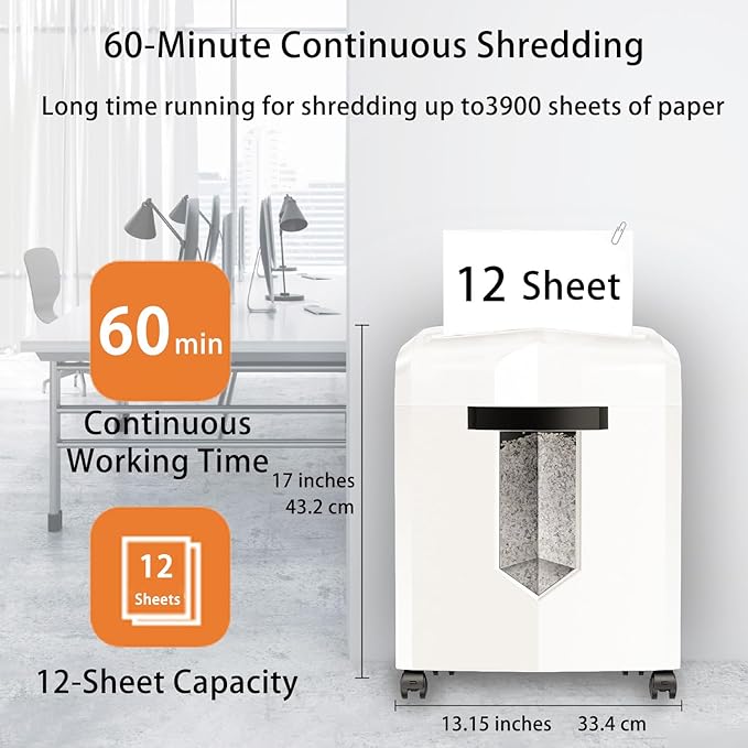 Bonsaii Micro Cut Shredder, Portable with a Convenient Handle, shredding up to 12 Sheets, P-4 Security Level, 60 Min Continuous, CD/Credit Card, Jam-Proof, 4.2 Gal Bin, White/Gray
