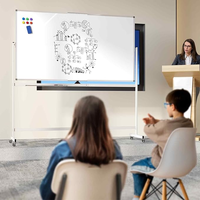 Large Rolling Whiteboard on Wheels, 72" x 40" Double-Sided Mobile White Board with Stand, Portable Standing Magnetic Dry Erase Board Easel for Home Office Classroom School, Silver