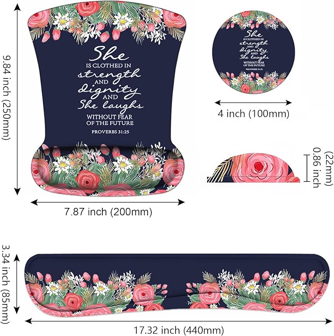 Keyboard Wrist Rest and Mouse Pad Wrist Support Set with Coasters, Floral Quote Bible Verses Proverbs 31:25 Design Wrist Mouse Pad with Non-Slip PU Base for Home Office Working Studying