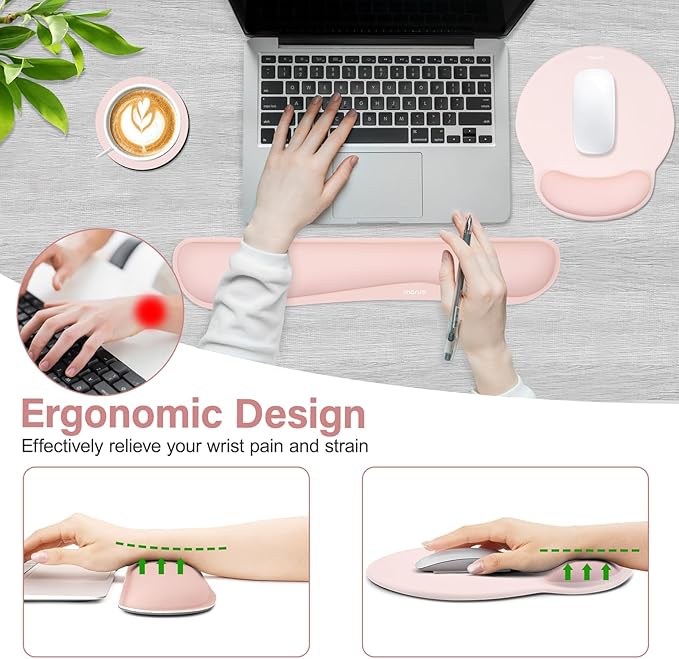 MOSISO Wrist Rest Support for Mouse Pad&Keyboard Set, Streamline Ergonomic Mousepad&Coaster Non-Slip Base Home/Office Pain Relief&Easy Typing Pad with Soft Cloth&Silicone Lining, Chalk Pink