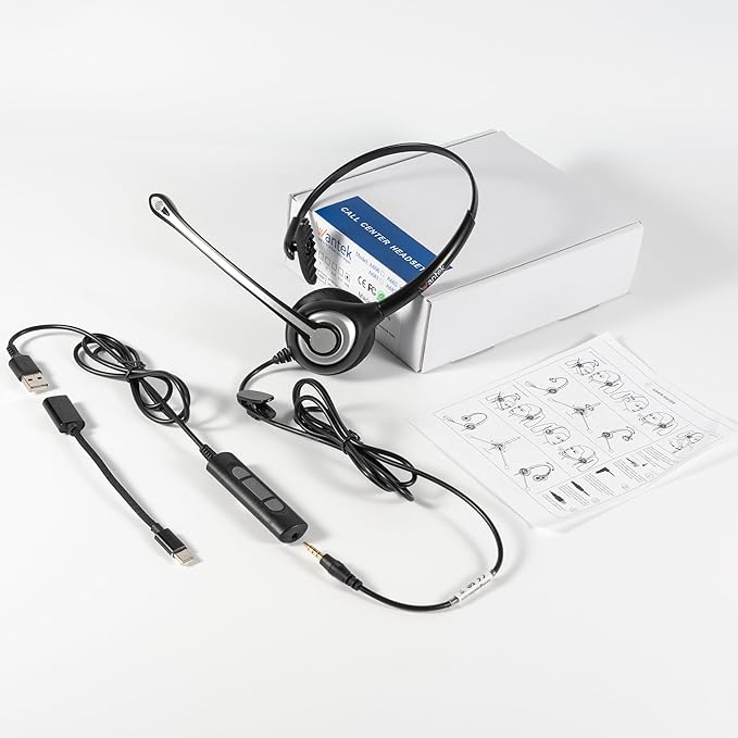 Wantek Computer Headset with Microphone for PC,Laptop,USB Headset with Noise Cancelling & Audio Controls,Computer Headphones for Call Center,Work,Ofiice,Mono