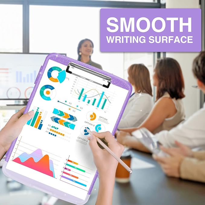 Sooez Glitter Clipboard with Storage, High Capacity Clip Boards 8.5x11 with Pen Holder, Cute Clipboards with Low Profile Clip, Sparkle Plastic Organizer Case Box for Women & Kids, Side Opening