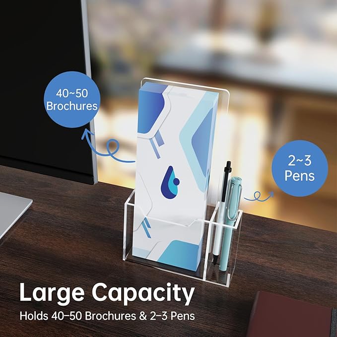 2-Pack Clear Acrylic Brochure Holders 4x9 with Pen Slot, Countertop Display Stands for Flyers, Pamphlets, Menus, Rack Cards, Magazines, Leaflets, Sturdy Back Panels for Desk or Reception Use