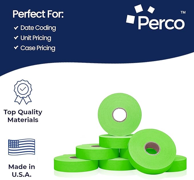 Perco Fluorescent Green Pricing Labels for Monarch 1136 Price Gun – 3 Sleeves, 24 Rolls Value Pack - 42,000 Price Marking Labels – with Ink Rolls Included