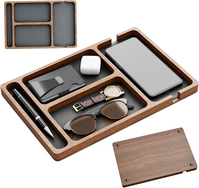 Wooden Valet Tray with Leather Inlay, Compartment Nightstand Catch All Organizer for Keys, Phone, Wallet, Watch, Earbuds, for Men Women, Catch All Tray