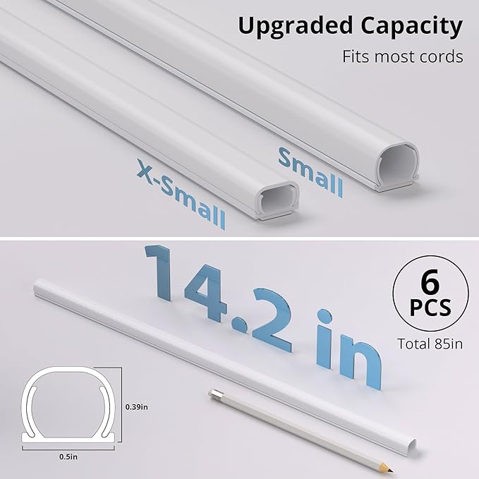 ZhiYo 85in Cord Hider for One Wire, Self-Adhesive Cord Covers for Wires on Wall, Paintable TV Cable Hider Wire Covers for Cords, White Cable Management Raceway Channel, 6X L14in, W0.5in H0.4in