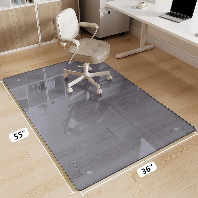 FlyEcho Glass Chair Mat 36" x 55" Heavy Duty Tempered Glass Office Chair Mat, Glass Floor Mat with Round Corner and Polished Edge for Smooth Glide, Carpet Hardwood Floor Protector,Grey