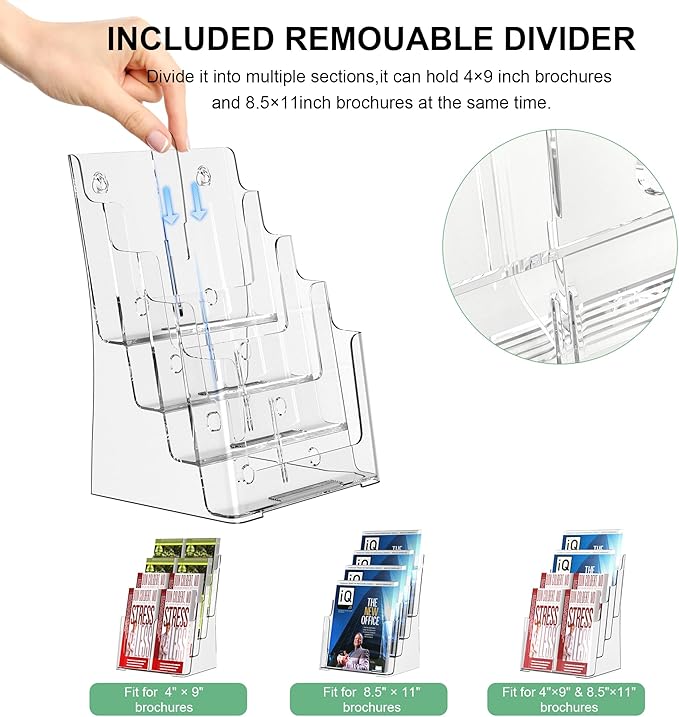 zavekia 4 Tier Acrylic Brochure Holder 8.5 x 11 inch, Clear Literature Organizer Magazine Stand with 4 Pack Separate Removable Divider for 4 x 9 inch Brochures,Magazine Holder,Flyer Holder
