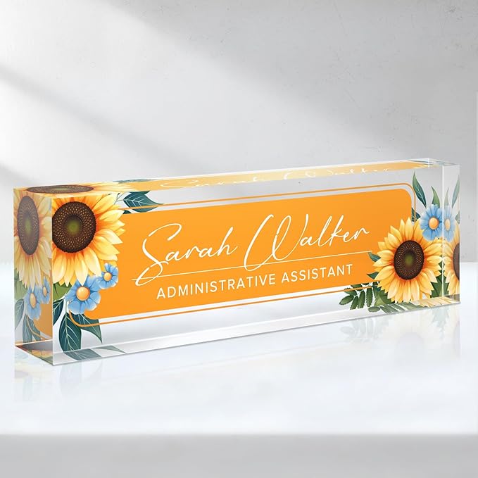 Custom Name Plate for Desk - Desk Name Plate Personalized - Office Desk Accessories - Employee Teacher Appreciation Gifts for Coworkers - Acrylic Sunflowers Office Desk Decor - Office Gifts for Women