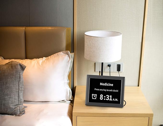 7.85 Inch Dementia Clock for Seniors - Extra Large Display Digital Wall Clock with Day & Date, 12 Custom Alarms - High Contrast for Low Vision, Memory Care (Black)