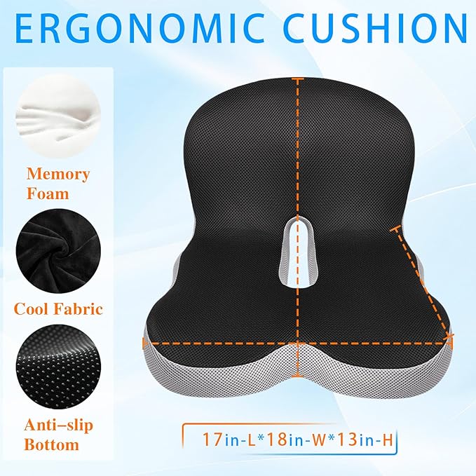 Ergonomic Memory Foam Reenly Back and Seat Cushion & Non-Slip Base with Adjustable Straps for Office Seat Cushion and Car Cushion,Removable Washable Cover- Breathable Mesh