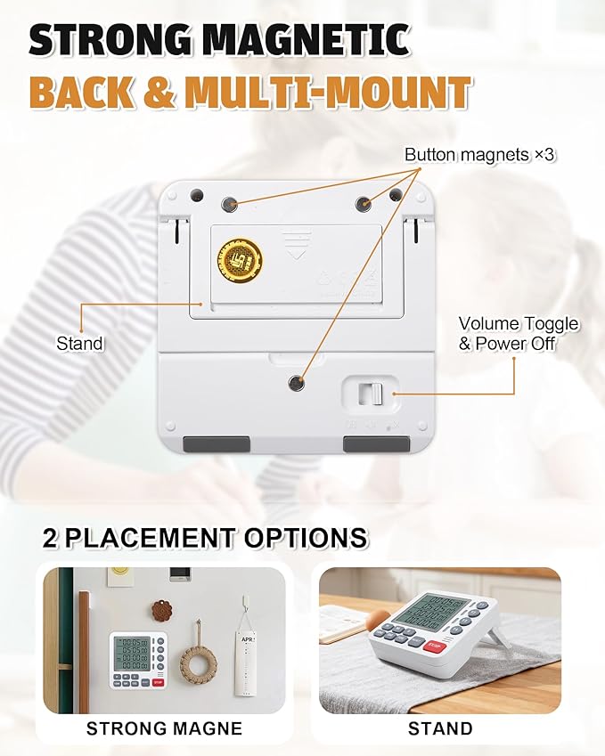 Digital Kitchen Timer - 4-Channel Cooking Timer with Alarm, Magnetic Back, Loud & Silent Modes, Count Up/Down, Ideal for ovens, Seniors, Kids and classrooms, Replaceable AAA Battery