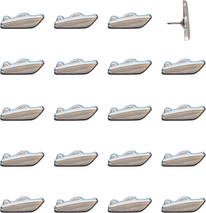 Motor Boat Push Pins - Silver Speedboat Map Pins for Cork Boards, Maps, or Lapel Use - Designed in USA - Set of 20