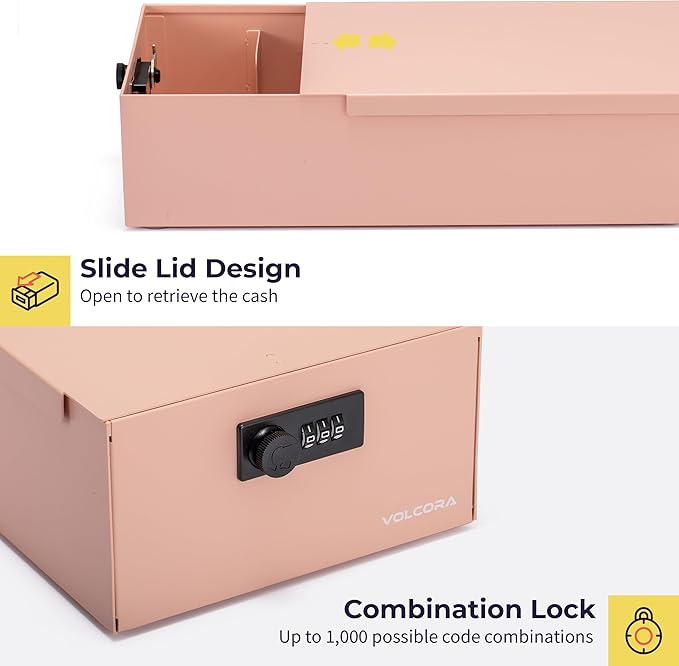 Volcora Cash Box Money Organizer - 15” x 7.5” x 4” Cashbox 5 Compartments Drawer Tray - Bills and Coin Slot with Combination Lock for POS Register, Kiosk, Retail, Personal and Business Use, Pink