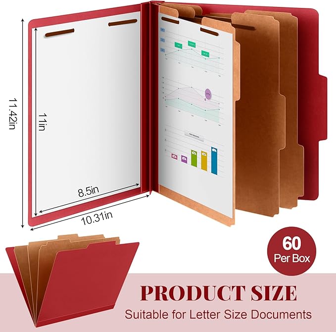 Skyygemm 60 Pcs Classification Folders Letter Size, 3 Divider Pressboard File Folder with Fasteners, Expanding File Organizer Bulk for Teachers, Clergy, Office, Church, Christmas Donations (Red)