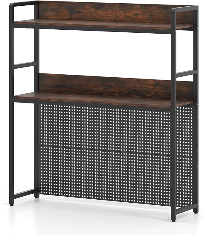 GOFLAME Desktop Bookshelf with Pegboard, 37 Inch Industrial Desk Hutch for Computer Monitor, 2-Tier Countertop Organizer Shelf with Safety Guardrails for Home Office, Dorm, Study, Rustic Brown