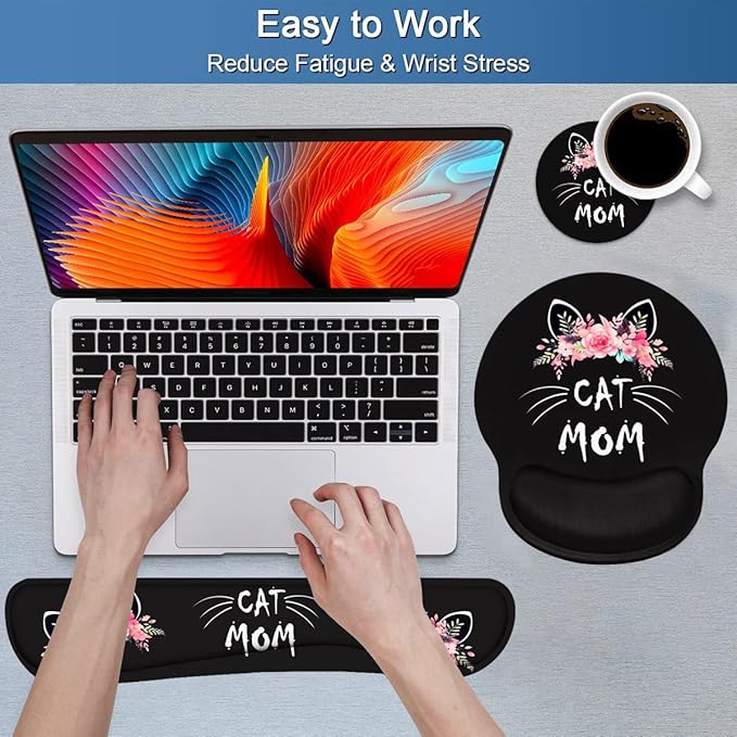 Keyboard Wrist Rest and Mouse Pad Wrist Support Set with Coasters, Non-Slip PU Base Ergonomic Gaming Mousepad for Home Office Working Studying Easy Typing & Pain Relief, Cat Mom Floral