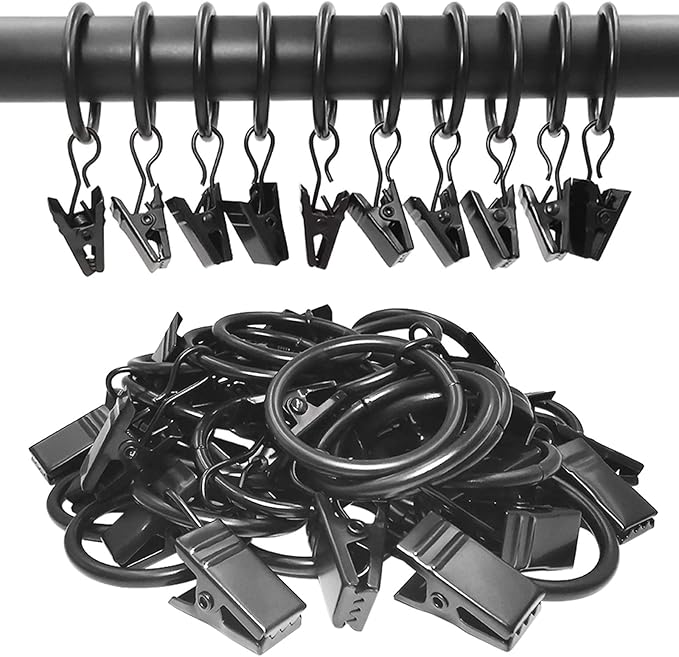 AMZSEVEN 44 Pack Metal Curtain Rings with Clips, Drapery Clips with Rings, Drapes Rings 1 inch Inner Diameter, Fits Diameter 5/8 inch Curtain Rods, Black