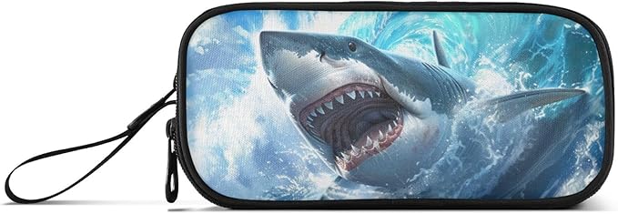 Shark Blue Ocean Wave Pencil Case Box Boys Girls Large Pencil Pouch with Zipper Compartments Big Capacity Stationery Pen Bag Organizer for Kids Teens Adults School