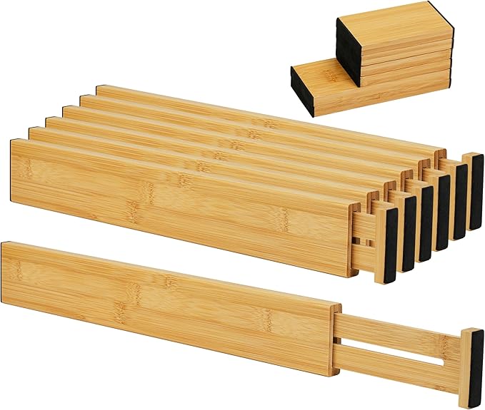 Adjustable Bamboo Drawer Dividers with Inserts, Expandable Spring-Loaded Drawer Organizer for Kitchen, Clothes, Tools, Silverware, Bamboo Organizer Separators - 6 Large Pieces