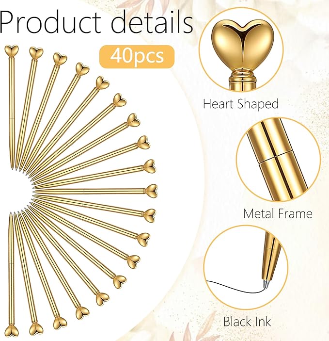 Wanmu 40 Pcs Heart Pens, Hearts Shaped Retractable Metal Cute Pens 1.0 mm Black Ink Novelty Pen Gold Slim Ballpoint for Valentine's Day Students Teachers Employees Gifts Office School Supplies