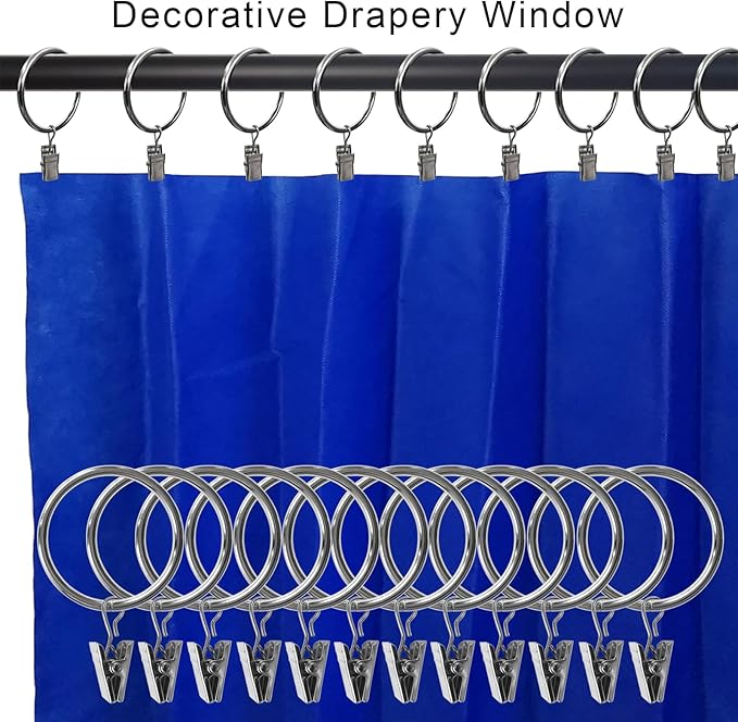AMZSEVEN 100 Pack Metal Curtain Rings with Clips, Drapery Clips Hooks, Decorative Curtain Rod Clips 1.5 in Interior Diameter, Silver