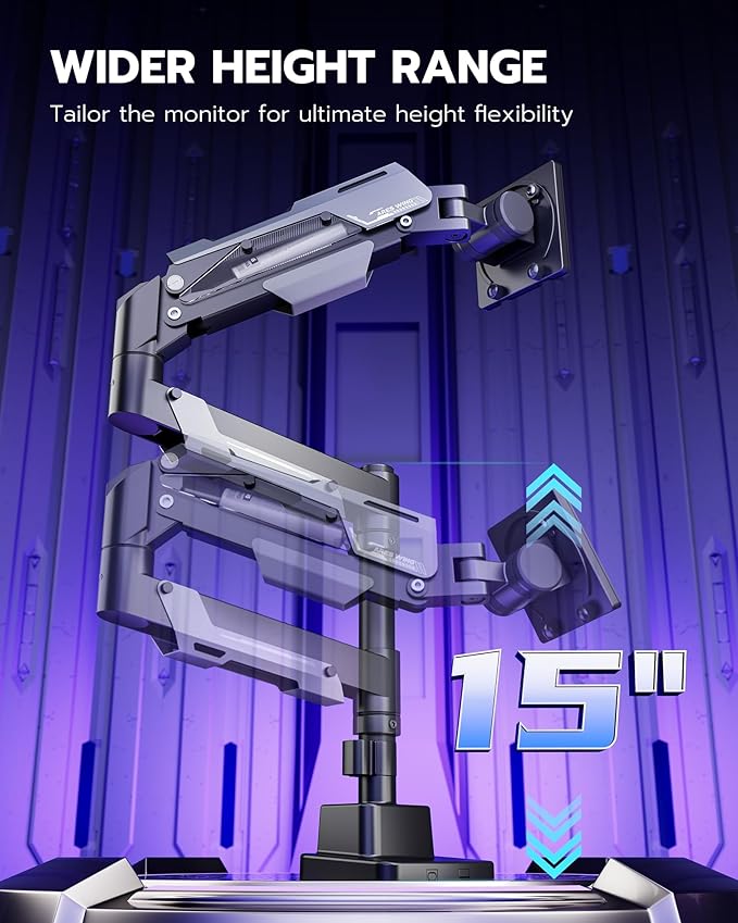 ARES WING CoreArm Single Monitor Mount, Ultrawide Monitor Arm for 24 to 57'' Heavy Duty Curved Screen, Adjustable Gas Spring Monitors Arm Stand up to 66LBS with 75/100/200 Vesa Mount, Black