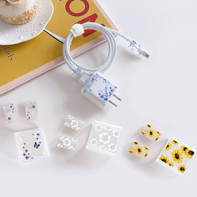 Cute Flowers DIY Protectors Cable Protector for iPhone Charger,Sunflower Pattern,Data Cable USB Charger Data Line Earphone Wire Saver for iPhone X 13 12 11 Pro Max