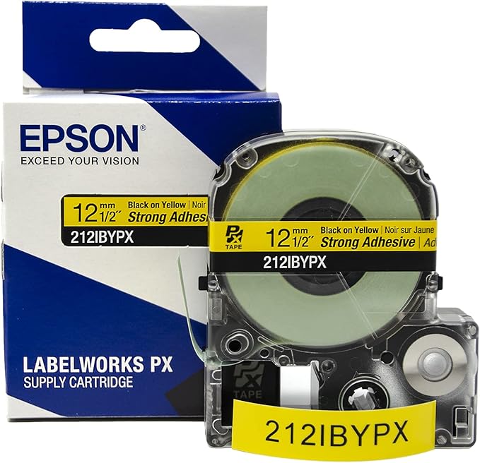 Epson LABELWORKS LW-PX700 Industrial Label Maker Kit & 212IBYPX Genuine PET (Polyester) Tape Cartridge - Black on Yellow Label Maker Tape, Strong Adhesive - 1/2" (12MM) Wide, 30'