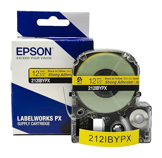 Epson LABELWORKS 212IBYPX Genuine PET (Polyester) Tape Cartridge - Black on Yellow Label Maker Tape, Strong Adhesive - 1/2" (12MM) Wide, 30'