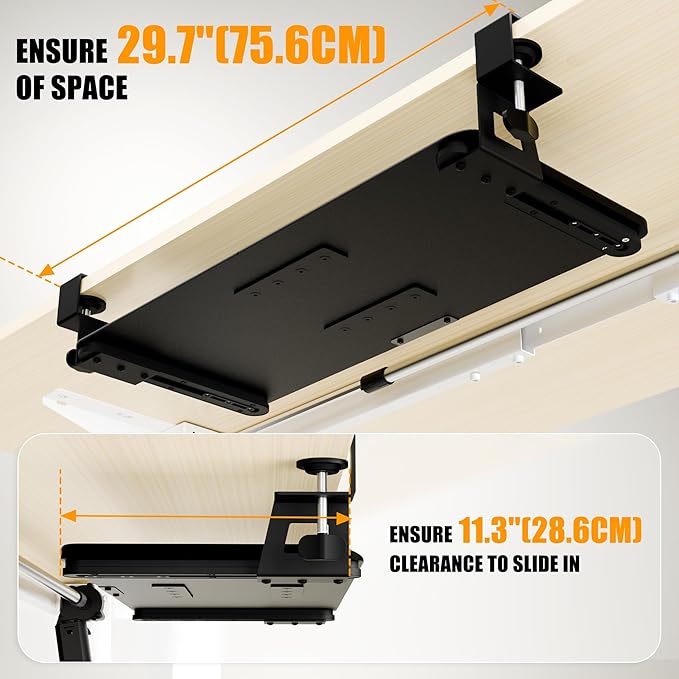 ERGOMAKER Keyboard Tray Under Desk, Pull Out Keyboard Tray with C Clamp Mount, 25.6" (29.7" Including Clamps) x 11.8" Slide-Out Platform Computer Drawer for Typing, Keyboard & Mouse Tray, Black