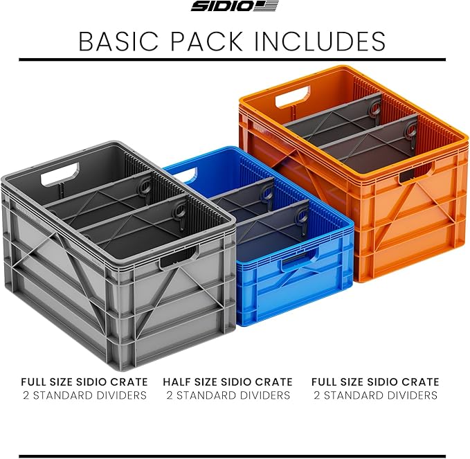 SIDIO Crate Basic Pack - 2 Full-Size & 1 Half-Size Heavy Duty Stackable Storage Bins, Totes and Containers with Dividers - Durable Plastic Organizer for Home, Office, Garage, and Outdoor Use
