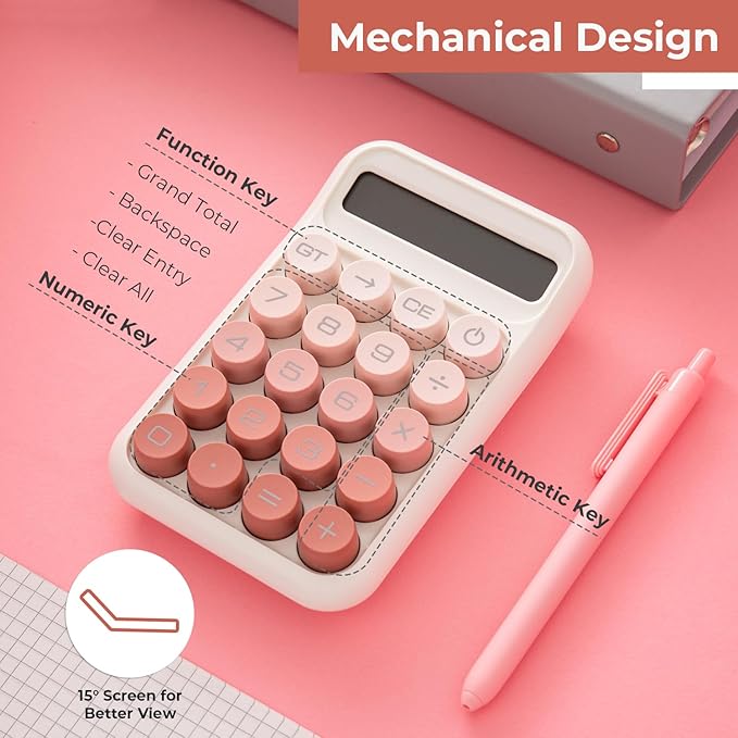Y YOMA 1 Pack Mechanical Switch Calculator with 10 Digit Large LCD Display Big Button, Mini Cute Desktop Calculator 4 Function Basic Calculators for School Home Office Business, Cute Pink