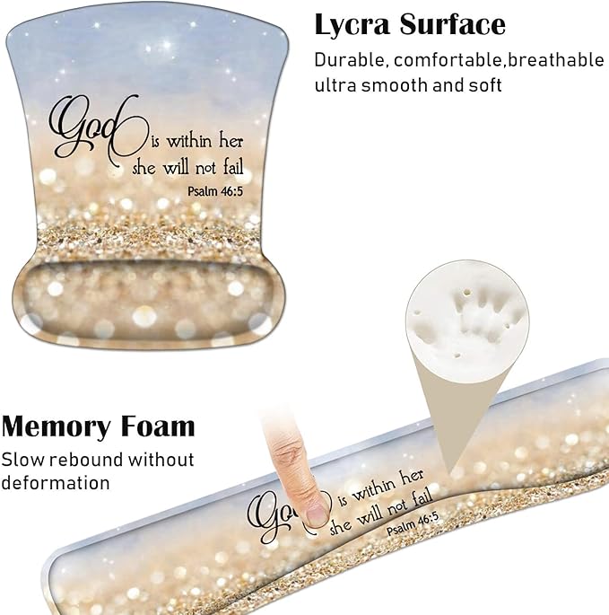 Keyboard Wrist Rest and Mouse Pad Wrist Support Set with Cute Coasters, Non-Slip PU Base Ergonomic Gaming Mousepad for Home Office Working Studying Easy Typing & Pain Relief, Bible Verses Psalm 46:5