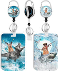 2 Pack Funny Surfing Cat&Dog ID Badge Holder with Heavy Duty Retractable Reel Keychain for WomenStudents,Teachers, Nurses, Office Use