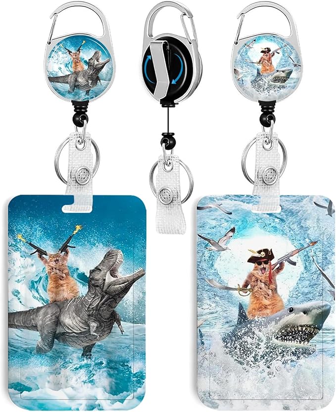 2 Pack Funny Surfing Cat&Dog ID Badge Holder with Heavy Duty Retractable Reel Keychain for WomenStudents,Teachers, Nurses, Office Use