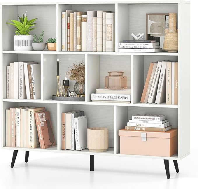 Tangkula 10-Cube Bookcase, Modern 47”L Storage Bookshelf with 5 Tapered Metal Legs & 2 Anti-Tip Kit, Freestanding Display Rack for Living Room, Study Room (White, 10-Cube)