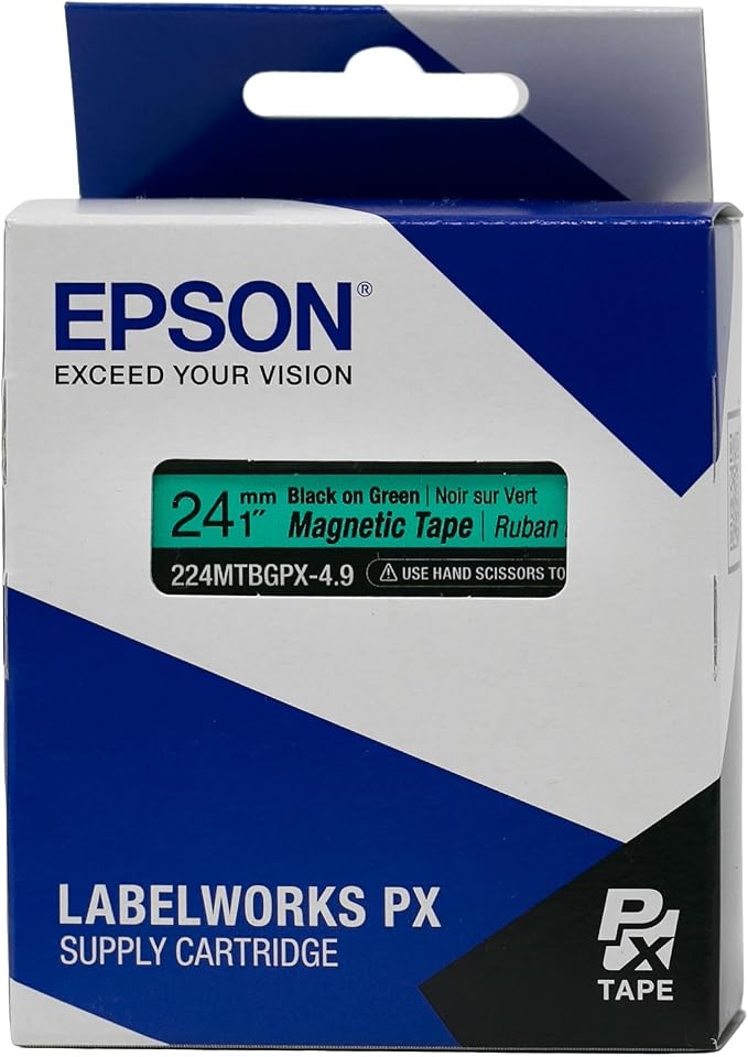 Epson LABELWORKS 224MTBGPX-4.9 Genuine Magnetic Tape Cartridge - Black on Green Magnet Label Maker Tape - 1" (24MM) Wide, 4.9 ft, Green