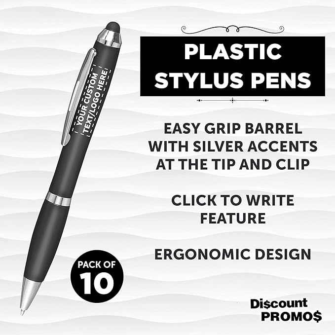 DISCOUNT PROMOS Custom Plastic Stylus Pens Set of 10, Personalized Bulk Pack - Black Ink, Great for Office, School, Business, Tradeshows, Events - Black